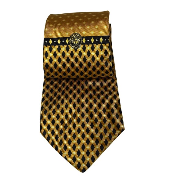 Versace Other - Versace Tie Mens Gold Black Silk Geometric Diamond Medusa Made In Italy Necktie